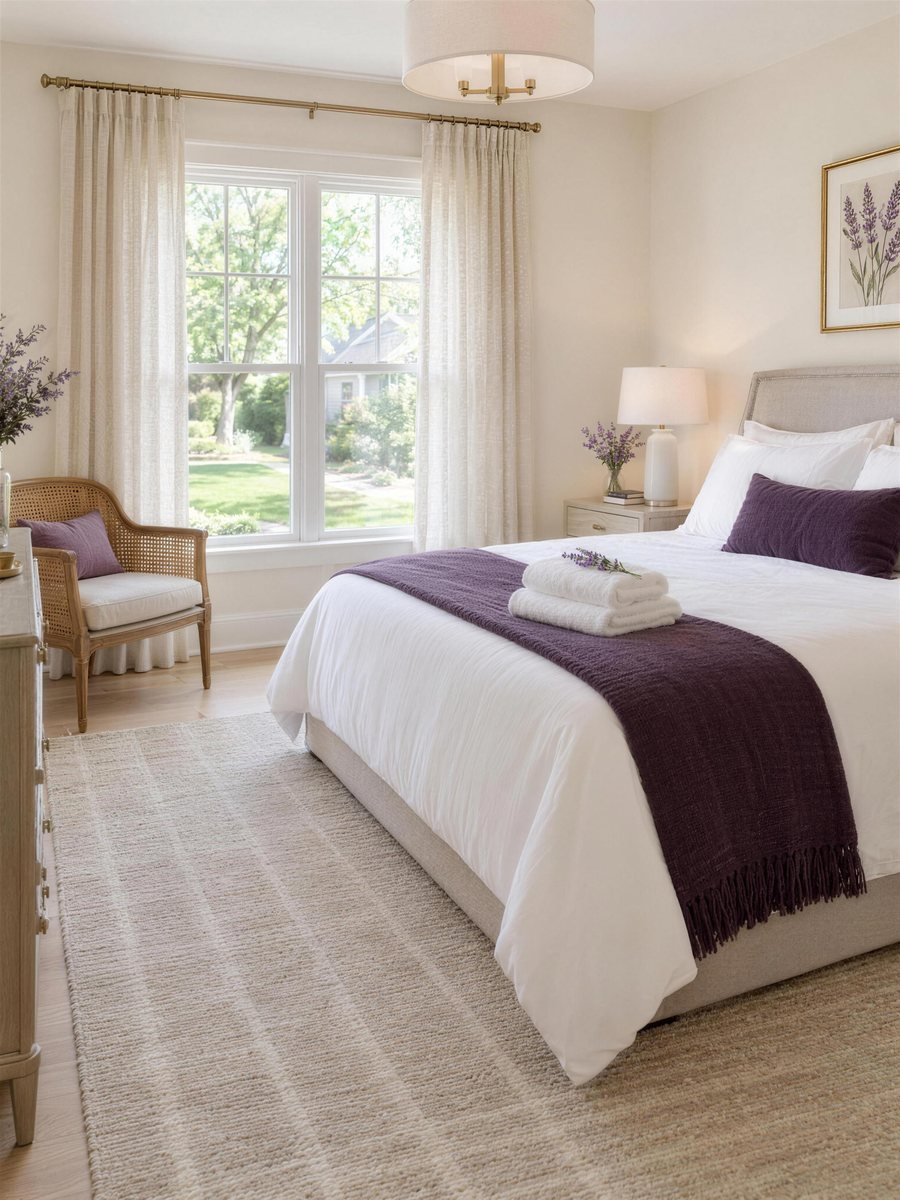 A freshly vacuumed bedroom with a made bed and white shutters