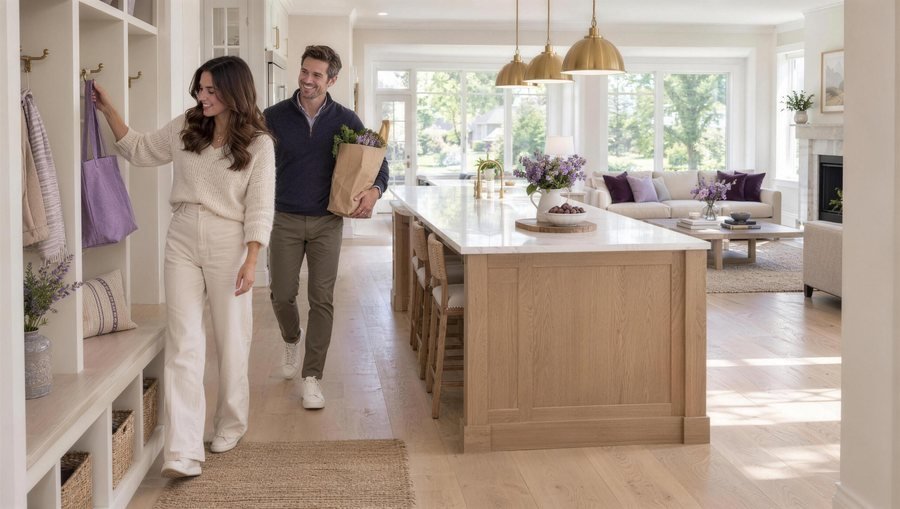 Homeowners walking into a clean, sunlit living room