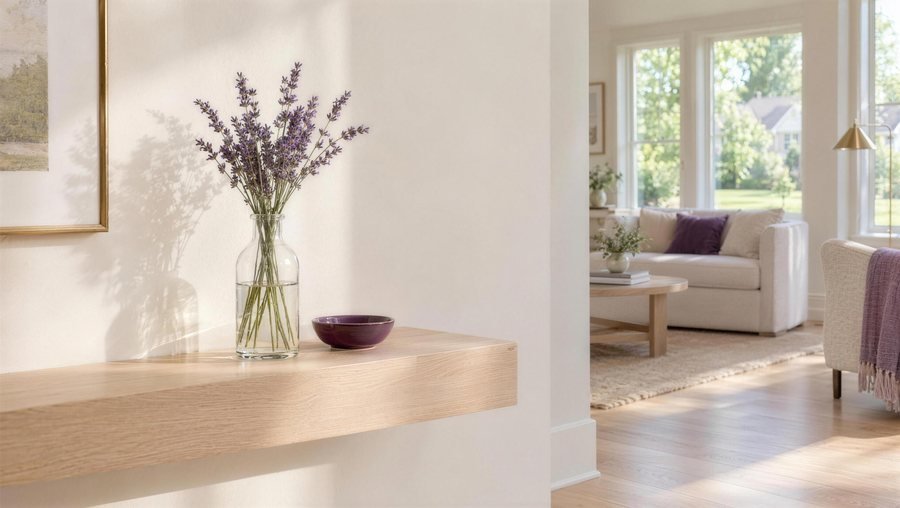 A single eucalyptus sprig in a glass vase on a clean oak counter