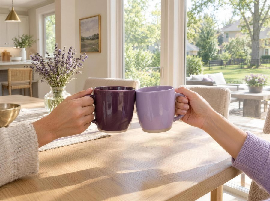 Two coffee mugs on a sunlit oak table by a window