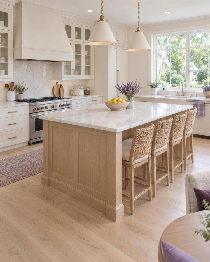 A spotless sunlit kitchen with a marble-topped oak island