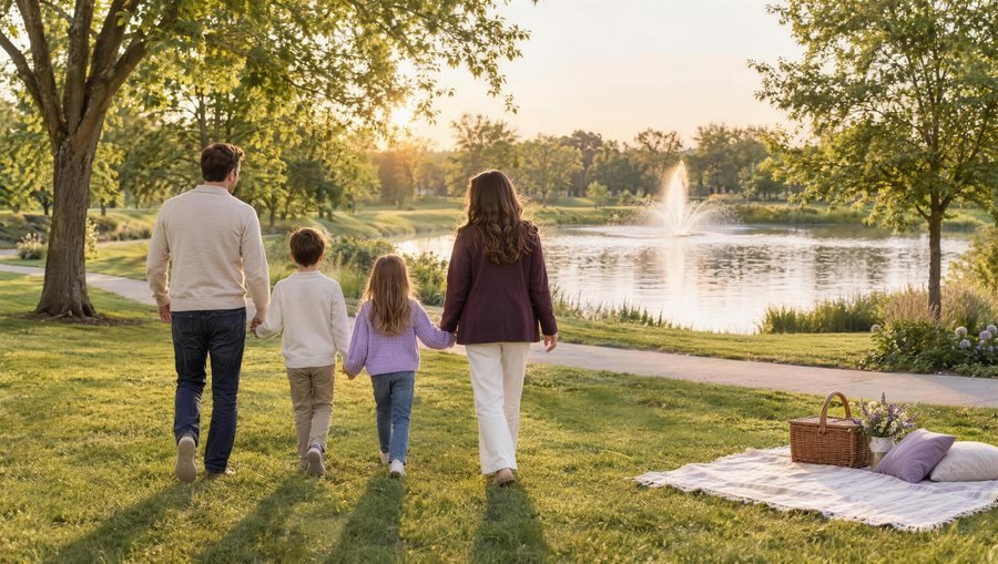 A family walking hand in hand toward a park pond at golden hour